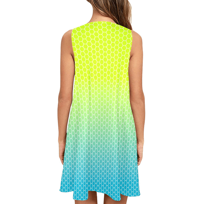 neon blue hex ombre print 4 Sleeveless A-Line Pocket Dress (Model D57) - Objet D'Art