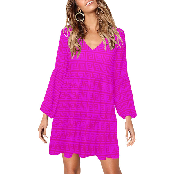 fuchsia greek key print 2 V-Neck Loose Fit Dress (Model D62) - Objet D'Art