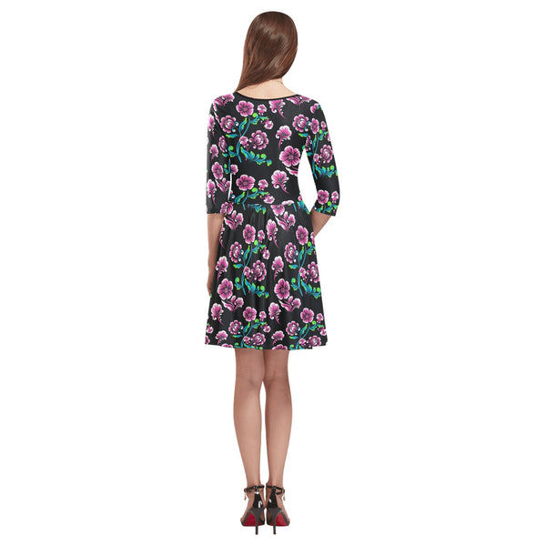 floral pink and blue print 2 Tethys Half-Sleeve Skater Dress(Model D20) - Objet D'Art