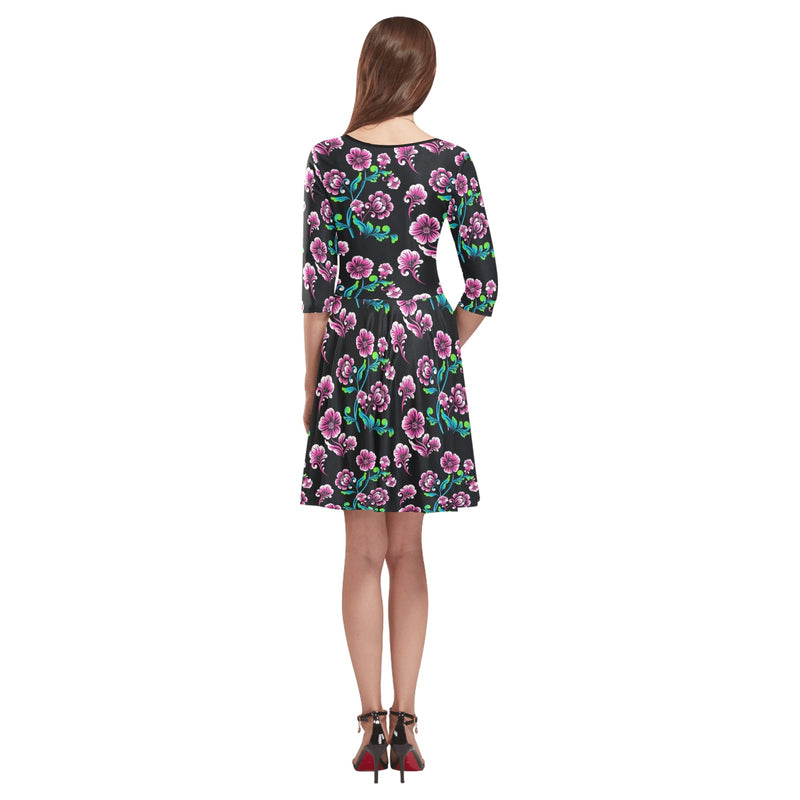 floral pink and blue print 2 Tethys Half-Sleeve Skater Dress(Model D20) - Objet D'Art