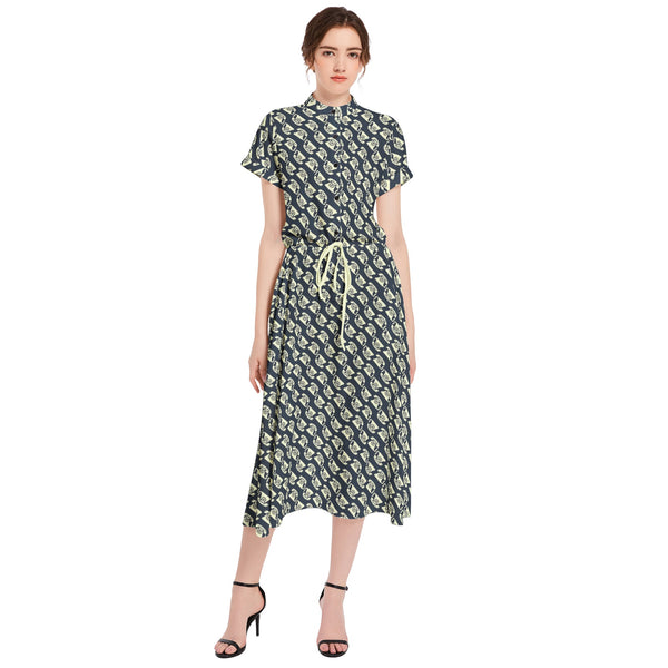 Ring Ring Drawstring Waist A-line Flared Midi Dress - Objet D'Art