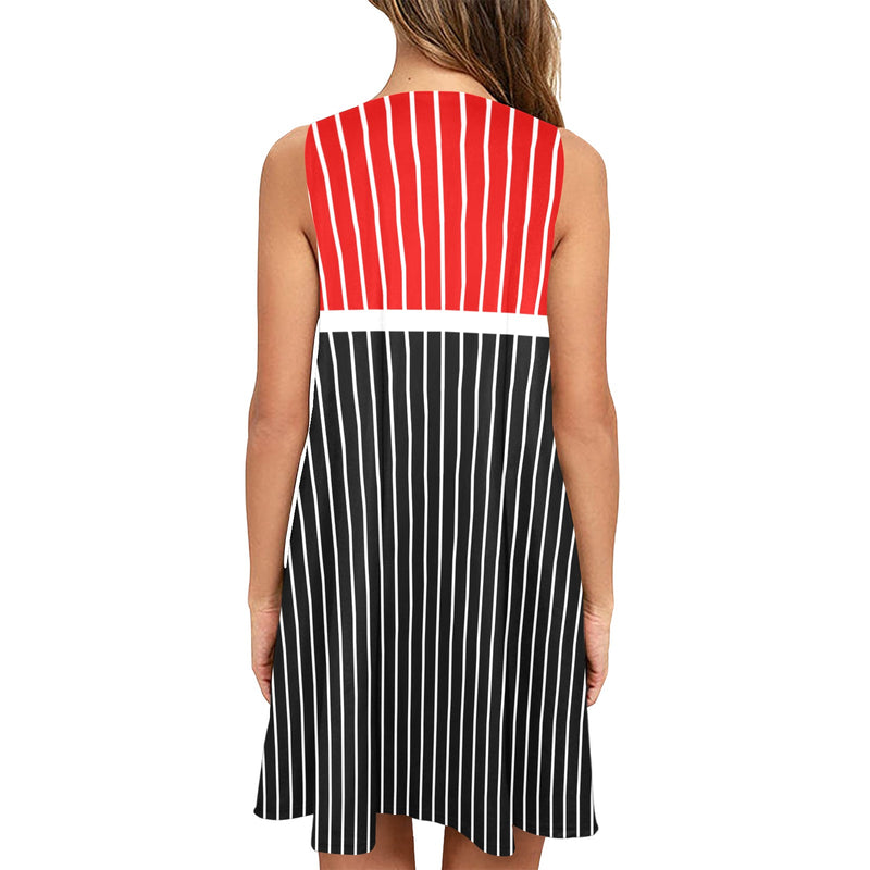 red and black bars Sleeveless A-Line Pocket Dress (Model D57) - Objet D'Art