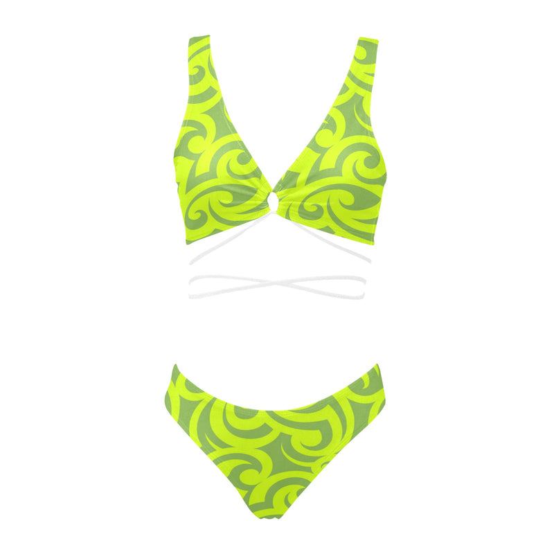 neon green scroll print 2 Cross String Bikini Set (Model S29) - Objet D'Art