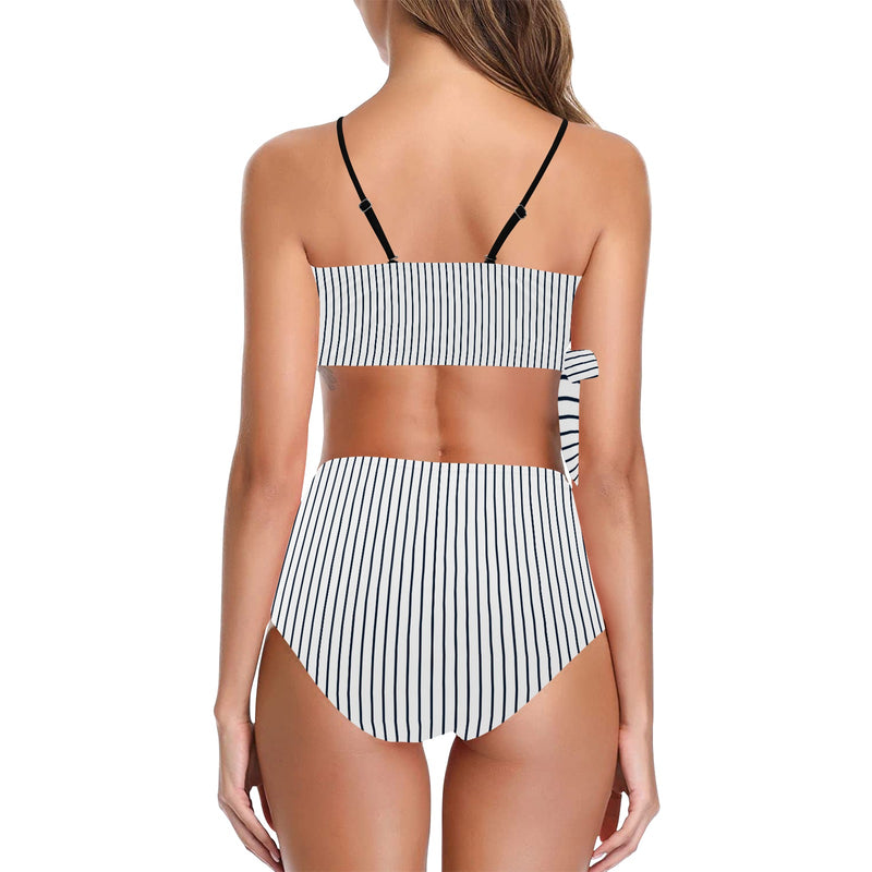 white dark blue striped print 2 Knot Side Bikini Swimsuit (Model S37) - Objet D'Art