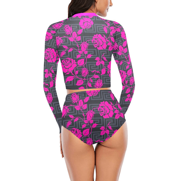 fuchsia rose on gray greek key print Long Sleeve Bikini Set (Model S27) - Objet D'Art