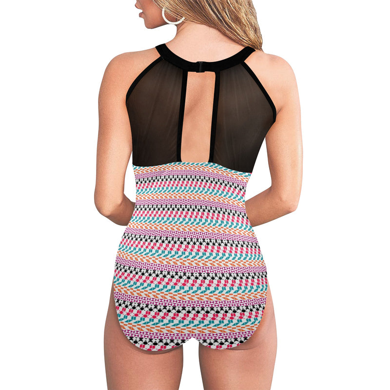 color geo print 7BA Women's High Neck Plunge Mesh Ruched Swimsuit (S43) - Objet D'Art