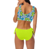 bright neon green print Bow Tie Front Bikini Swimsuit (Model S38) - Objet D'Art