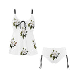 magnolia print on white Chest Drawstring Swim Dress (Model S30) - Objet D'Art