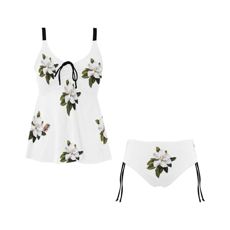 magnolia print on white Chest Drawstring Swim Dress (Model S30) - Objet D'Art