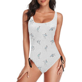 crane 4 wavy grid hokusai print Drawstring Side One-Piece Swimsuit (Model S14) - Objet D'Art