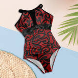 red and black scroll print Women's High Neck Plunge Mesh Ruched Swimsuit (S43) - Objet D'Art