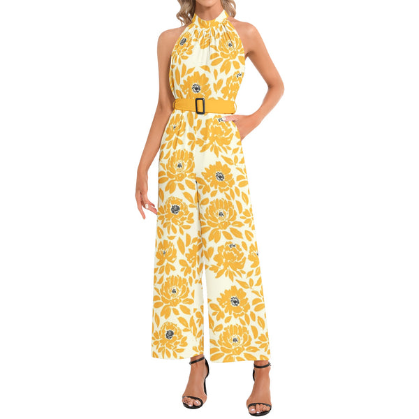 Halter Neck Buckle Belted Jumpsuit - Objet D'Art