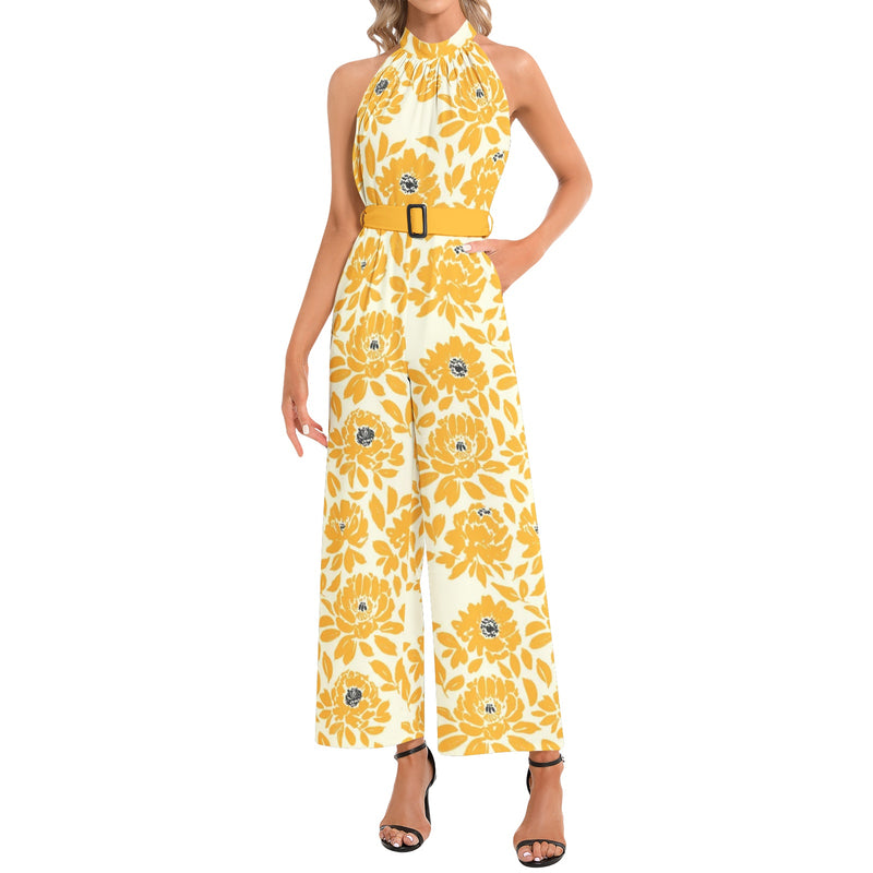 Halter Neck Buckle Belted Jumpsuit - Objet D'Art