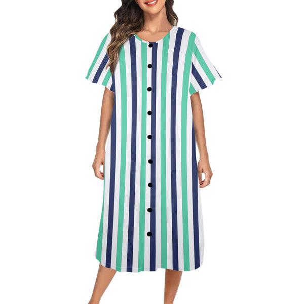 striped print 15A Women's Button Front House Dress - Objet D'Art