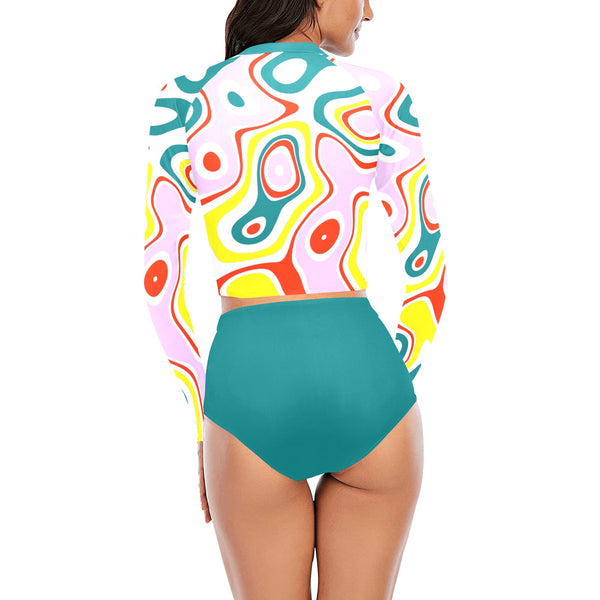 light pine green solid print Long Sleeve Bikini Set (Model S27) - Objet D'Art
