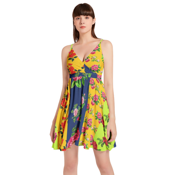 Floral Eclectic Spaghetti Strap Sleeveless Falred Hem Short Dress - Objet D'Art