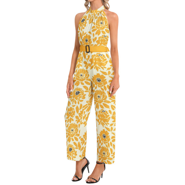 Halter Neck Buckle Belted Jumpsuit - Objet D'Art