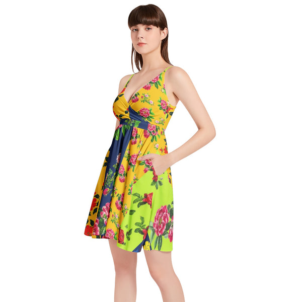 Floral Eclectic Spaghetti Strap Sleeveless Falred Hem Short Dress - Objet D'Art