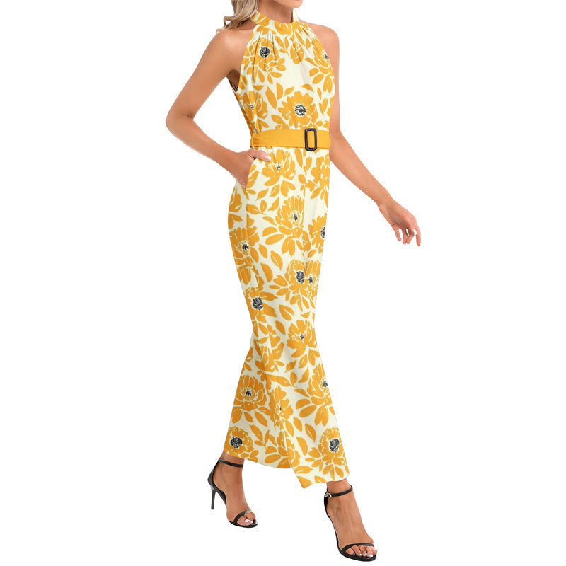 Halter Neck Buckle Belted Jumpsuit - Objet D'Art