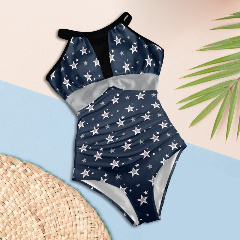 kemp logoed swimsuit gray print Women's High Neck Plunge Mesh Ruched Swimsuit (S43) - Objet D'Art