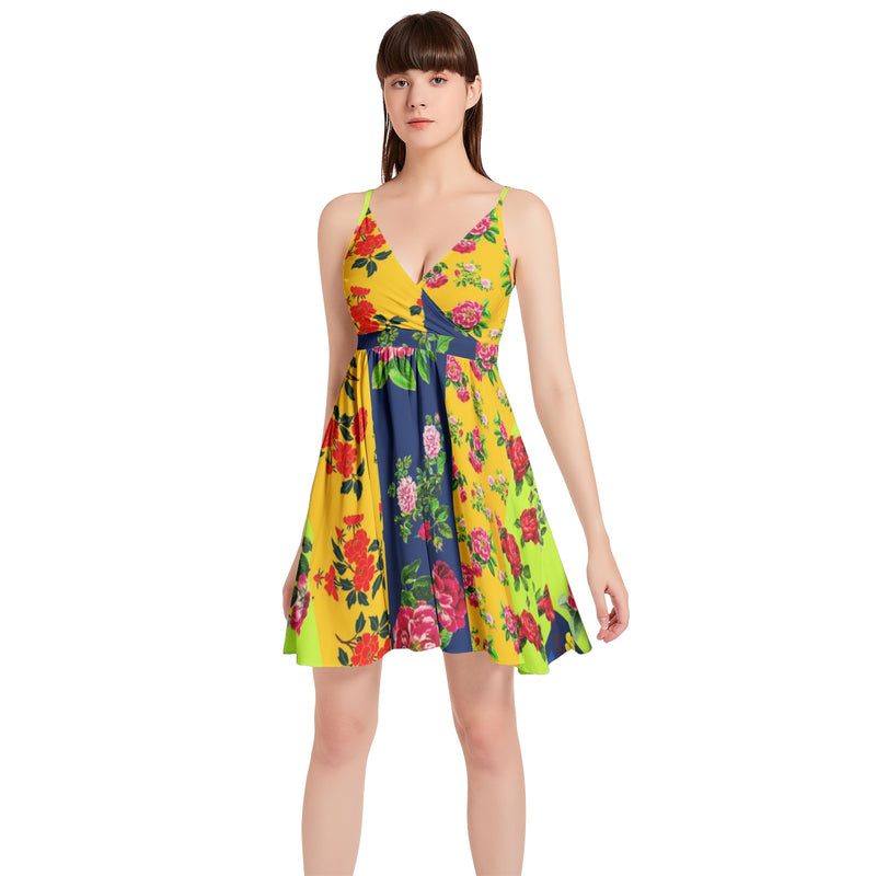 Floral Eclectic Spaghetti Strap Sleeveless Falred Hem Short Dress - Objet D'Art