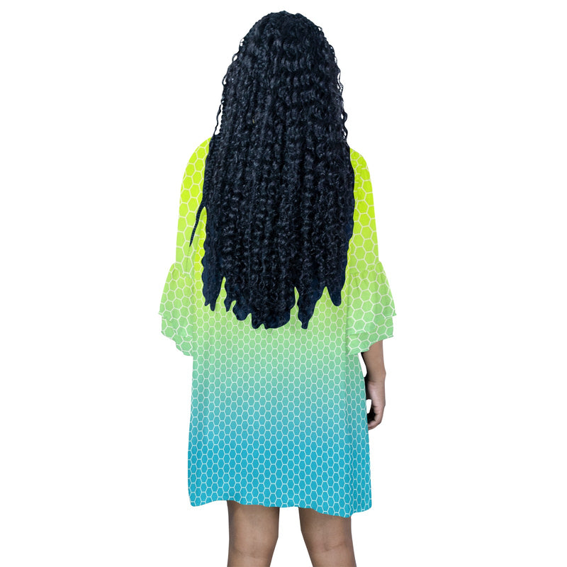 neon blue hex ombre print 4 Half Sleeves V-Neck Mini Dress (Model D63) - Objet D'Art