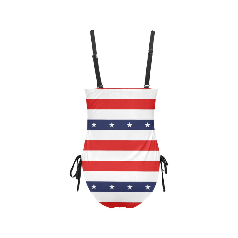 stars and stripes stripe horizontal print Drawstring Side One-Piece Swimsuit (Model S14) - Objet D'Art