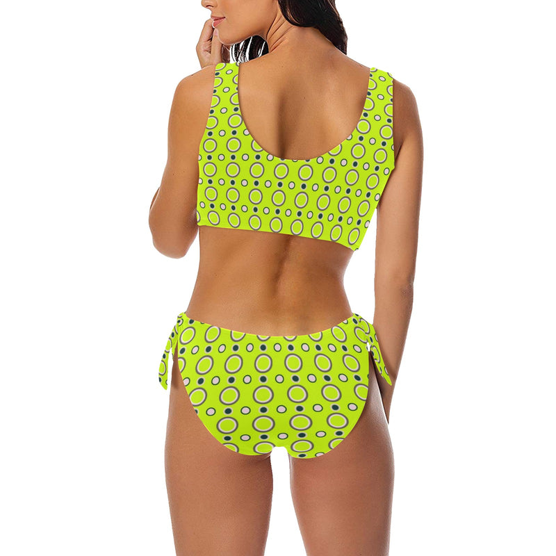 neon green polka dot unique print 2AB Bow Tie Front Bikini Swimsuit (Model S38) - Objet D'Art