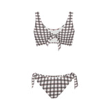 grid red gray print 2 Bow Tie Front Bikini Swimsuit (Model S38) - Objet D'Art
