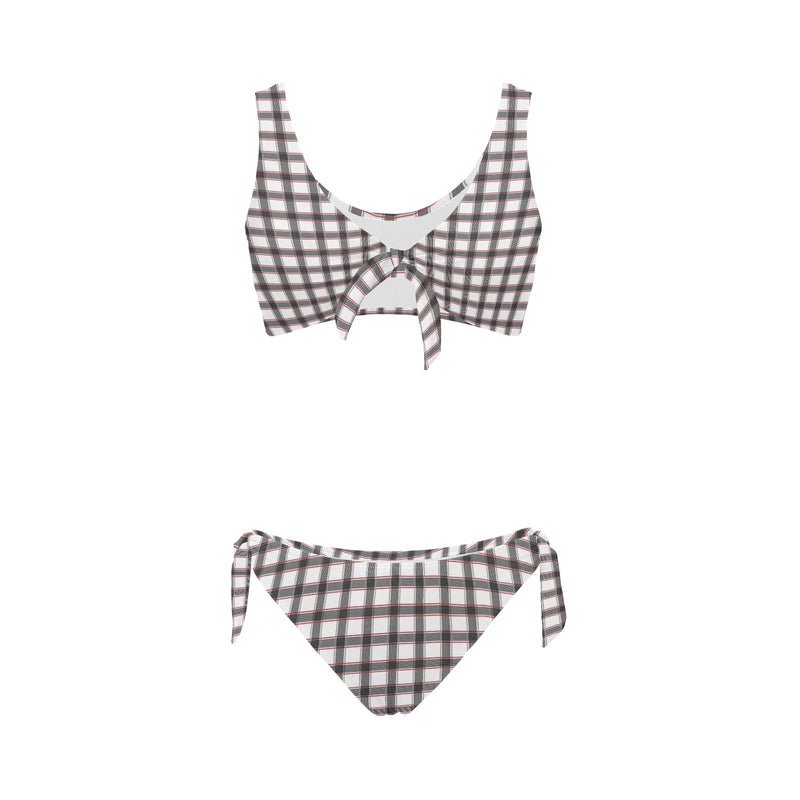 grid red gray print 2 Bow Tie Front Bikini Swimsuit (Model S38) - Objet D'Art