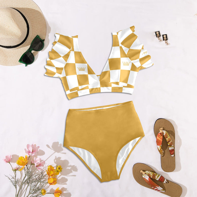 bronze print 2 Women's Ruffle Sleeve Bikini Swimsuit (Model S42) - Objet D'Art