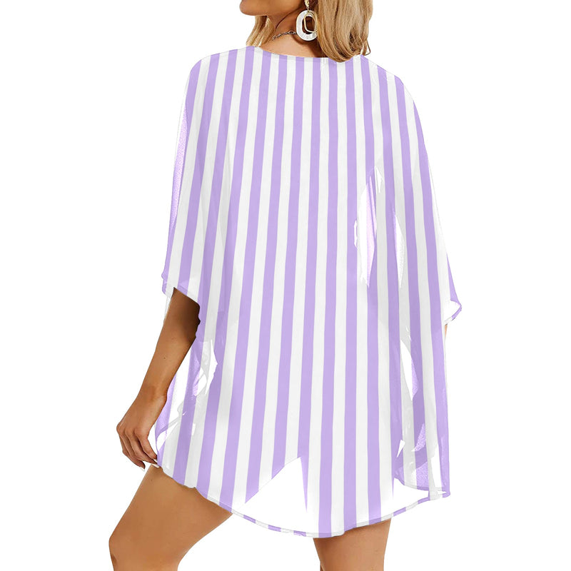 lavender stripes 2 Women's Kimono Chiffon Cover Up (Model H51) - Objet D'Art