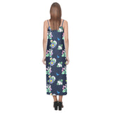 floral blue print 5 V-Neck Open Fork Long Dress(Model D18) - Objet D'Art