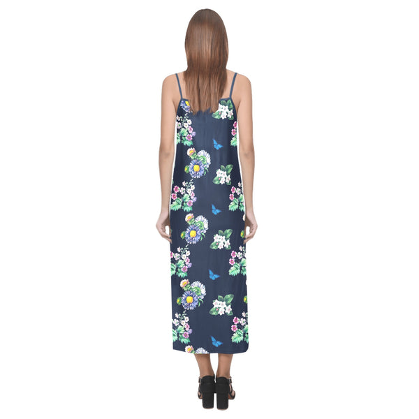 floral blue print 5 V-Neck Open Fork Long Dress(Model D18) - Objet D'Art