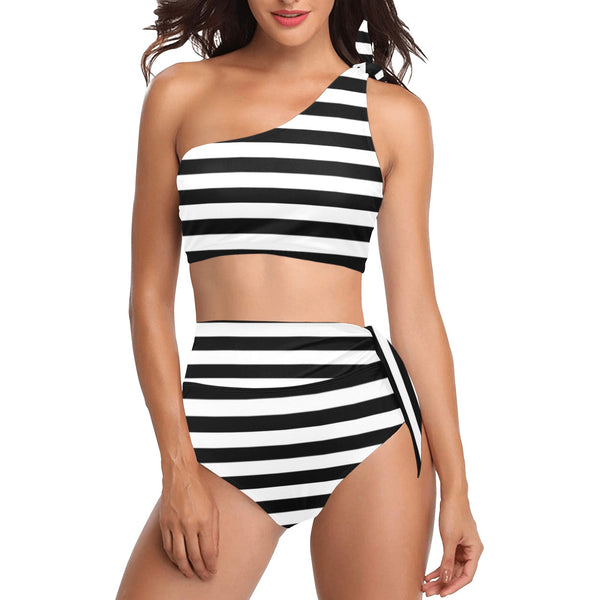 bw thin striped print 3 High Waisted One Shoulder Bikini Set (Model S16) - Objet D'Art