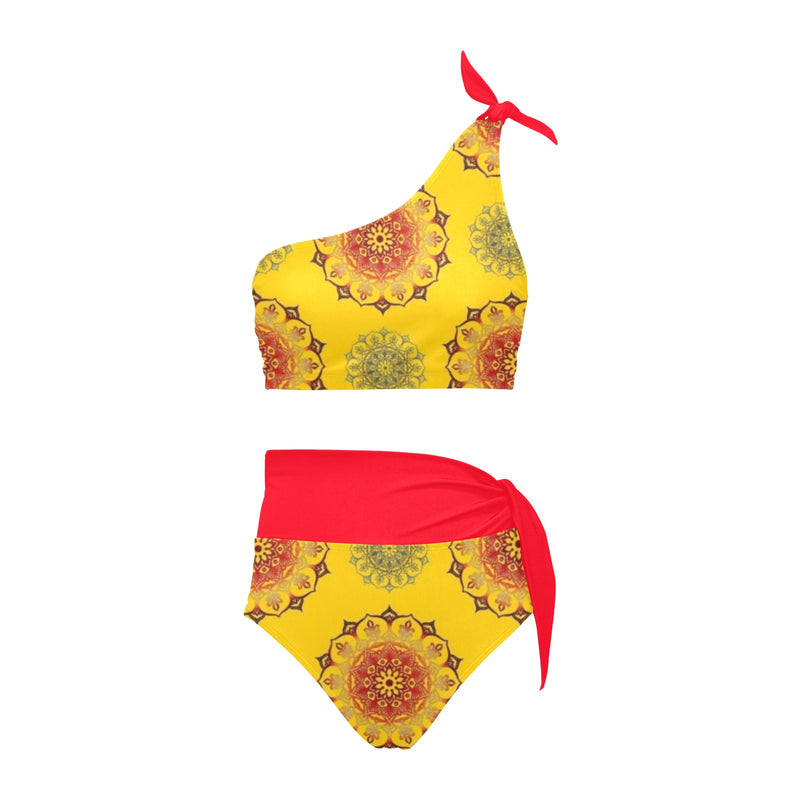 scarlet flame print 2 High Waisted One Shoulder Bikini Set (Model S16) - Objet D'Art