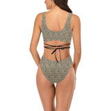 light brown greek key print 78 Cross String Bikini Set (Model S29) - Objet D'Art