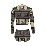 brown beige greek key print 10A Long Sleeve Bikini Set (Model S27) - Objet D'Art