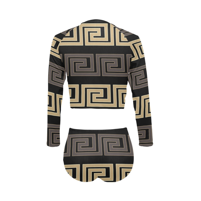 brown beige greek key print 10A Long Sleeve Bikini Set (Model S27) - Objet D'Art