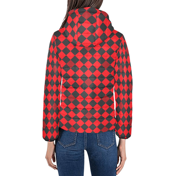red black diamond print 2 Women's Padded Hooded Jacket (Model H46) - Objet D'Art