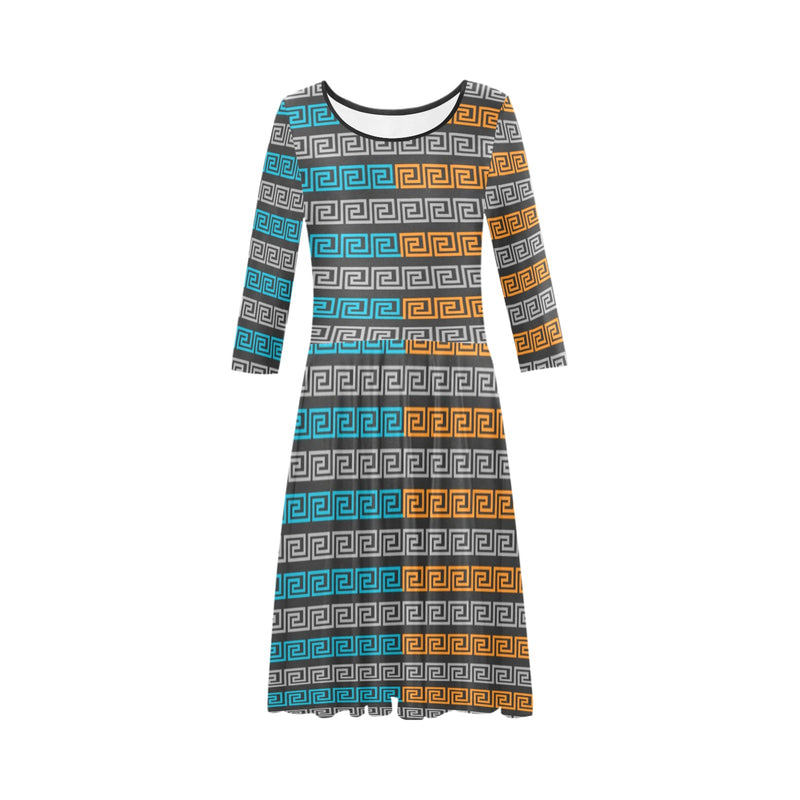 blue gray greek key print Tethys Half-Sleeve Skater Dress(Model D20) - Objet D'Art