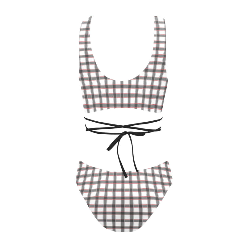 grid red gray print 2 Cross String Bikini Set (Model S29) - Objet D'Art