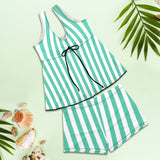 mint green striped print Women's Vest Skirt Split Swimsuit (Model S47) - Objet D'Art