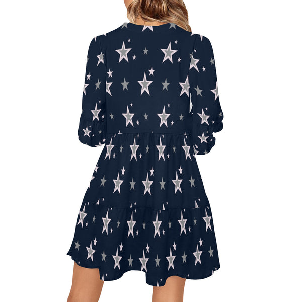 stars blue print 2 V-Neck Loose Fit Dress (Model D62) - Objet D'Art