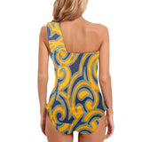 scroll turmeric blue stroke print Women's One Shoulder Backless Swimsuit (Model S44) - Objet D'Art