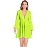 Neon Lights Lantern Sleeve Deep V-Neck Short Dress - Objet D'Art