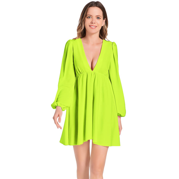 Neon Lights Lantern Sleeve Deep V-Neck Short Dress - Objet D'Art