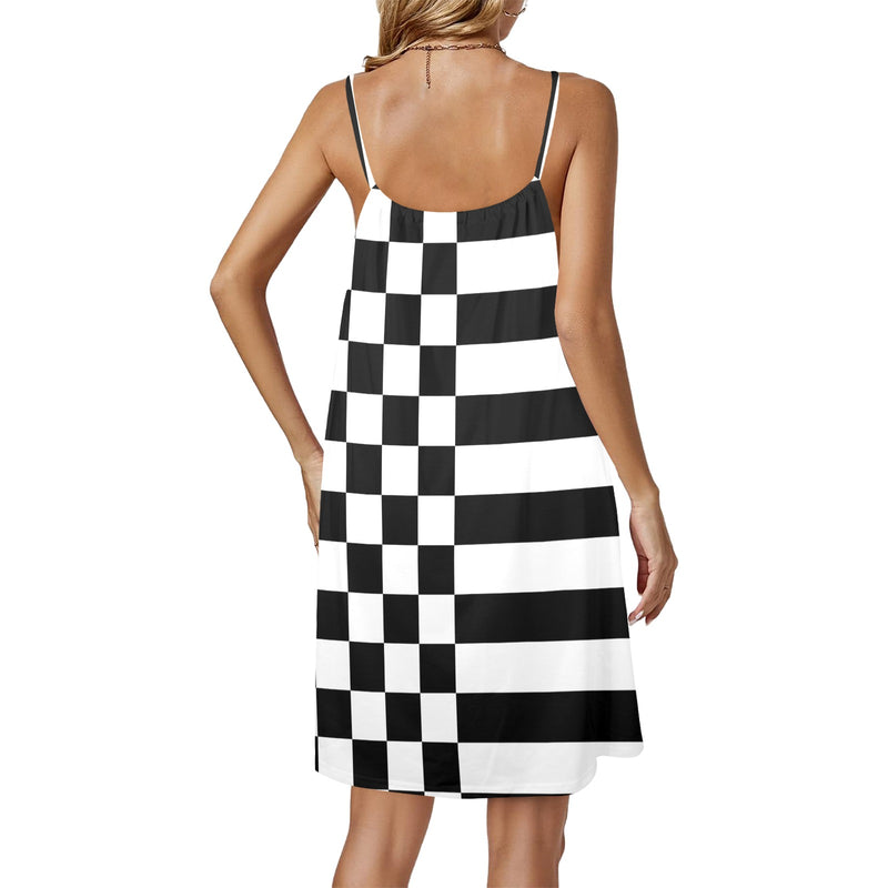 check stripe print 2 Drawstring Neck Sleeveless Dress (Model D68) - Objet D'Art