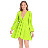 Neon Lights Lantern Sleeve Deep V-Neck Short Dress - Objet D'Art