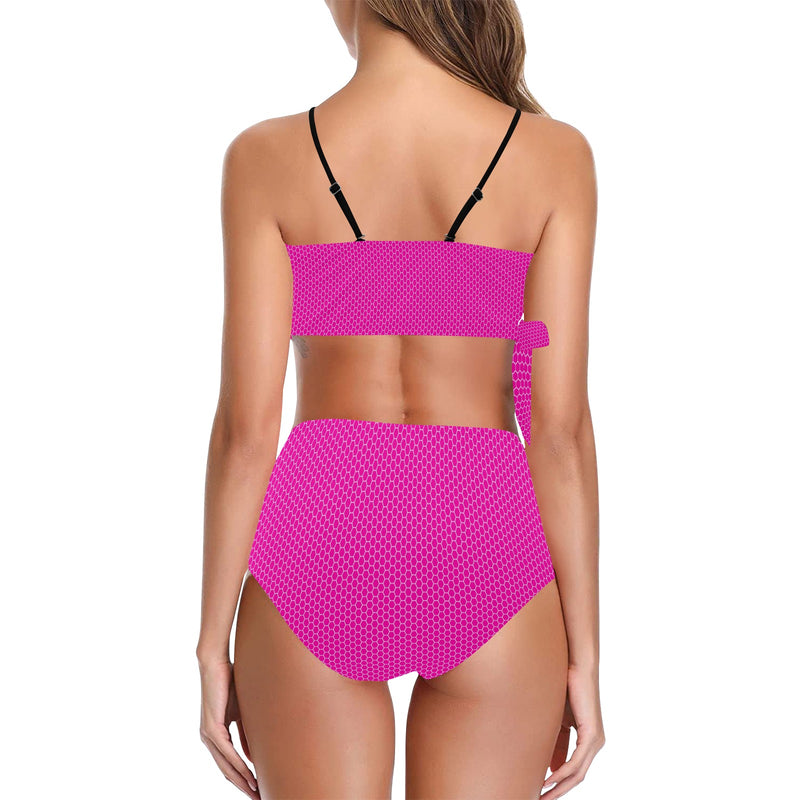fuchsia hex print Knot Side Bikini Swimsuit (Model S37) - Objet D'Art